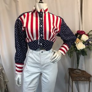 Vintage Banjo Cropped Corset Flag Blouse Sz M